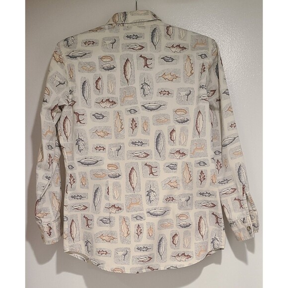 Vintage Woolrich Womens Cotton Shirt Ivory Brown Autumn Animals Leaves Size S - Picture 2 of 7